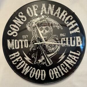 RARE SONS OF ANARCHY MOTORCYCLE CLUB WALL CLOCK, 12 INCH REDWOOD ORIGINAL TESTED